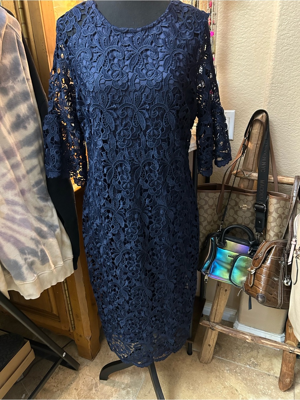 Neiman Marcus Navy Lace Midi Dress